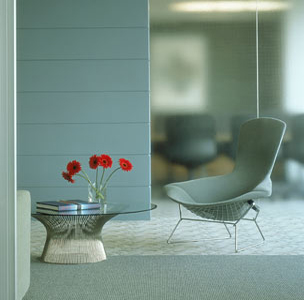 Bertoia Bird high-back chair and platner coffee table with glass top