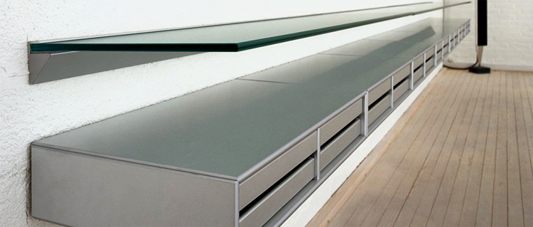 Continous Skyline glass shelf with wall mounted Montana tray units in silver lacquer finish